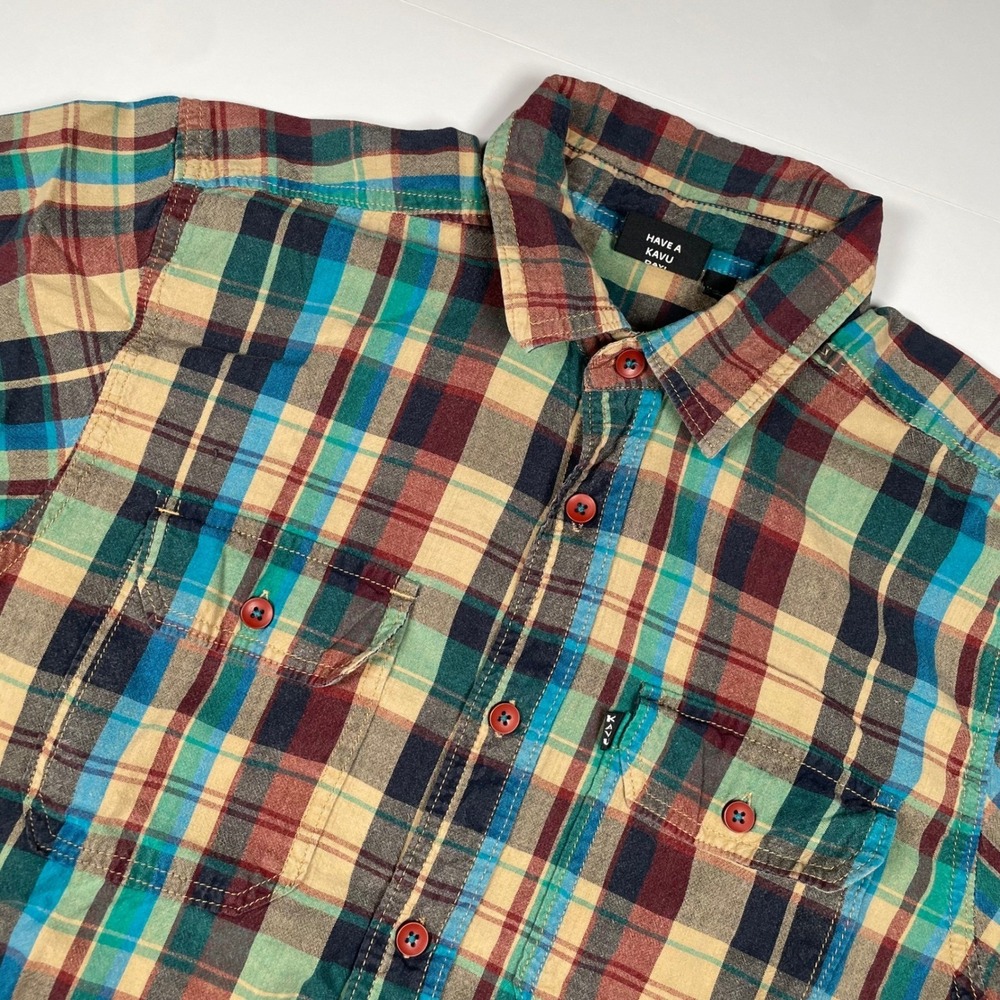 KAVU‎ Mens Plaid Short Sleeve Button Down Shirt Cotton Multicolor Size M